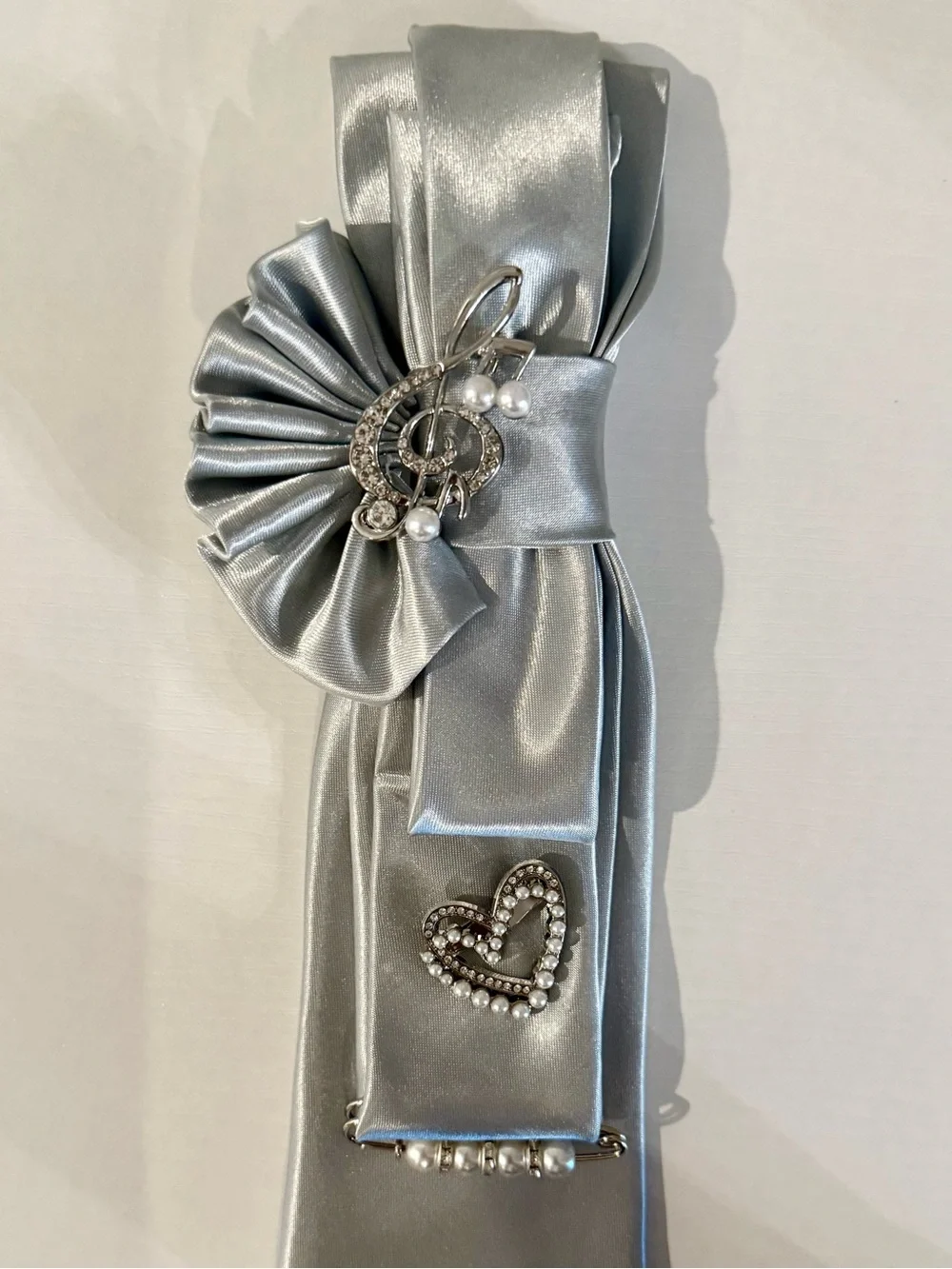 TIE NECKLACE Silver Satin with Crystal Heart, Music Brooch, and Pearl Accents